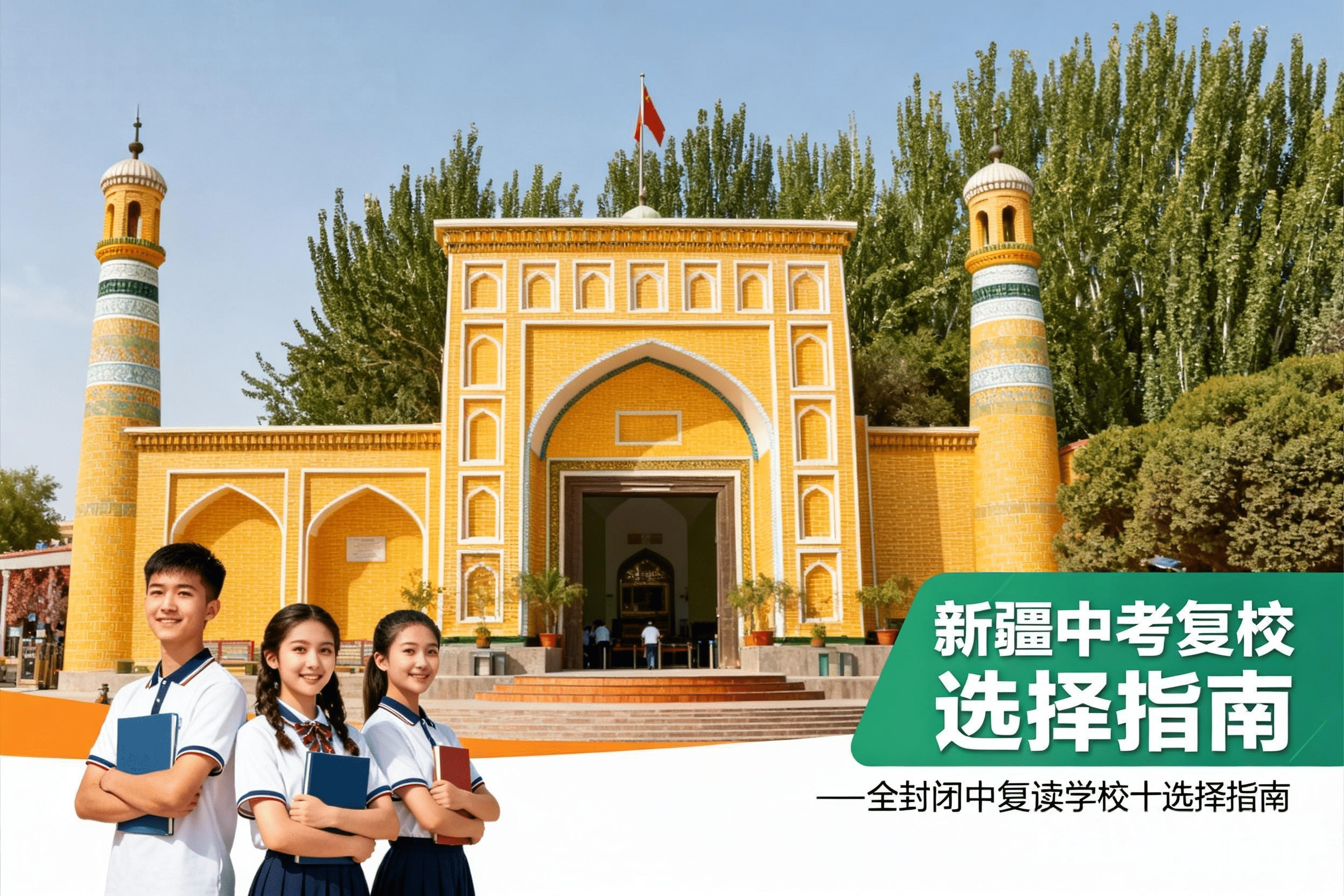 jimeng-2026-05-05-4689-新疆中考复读学校选择指南封面，以学校大门、学生形象为元素，融入新疆地域特色建筑，..._new.png