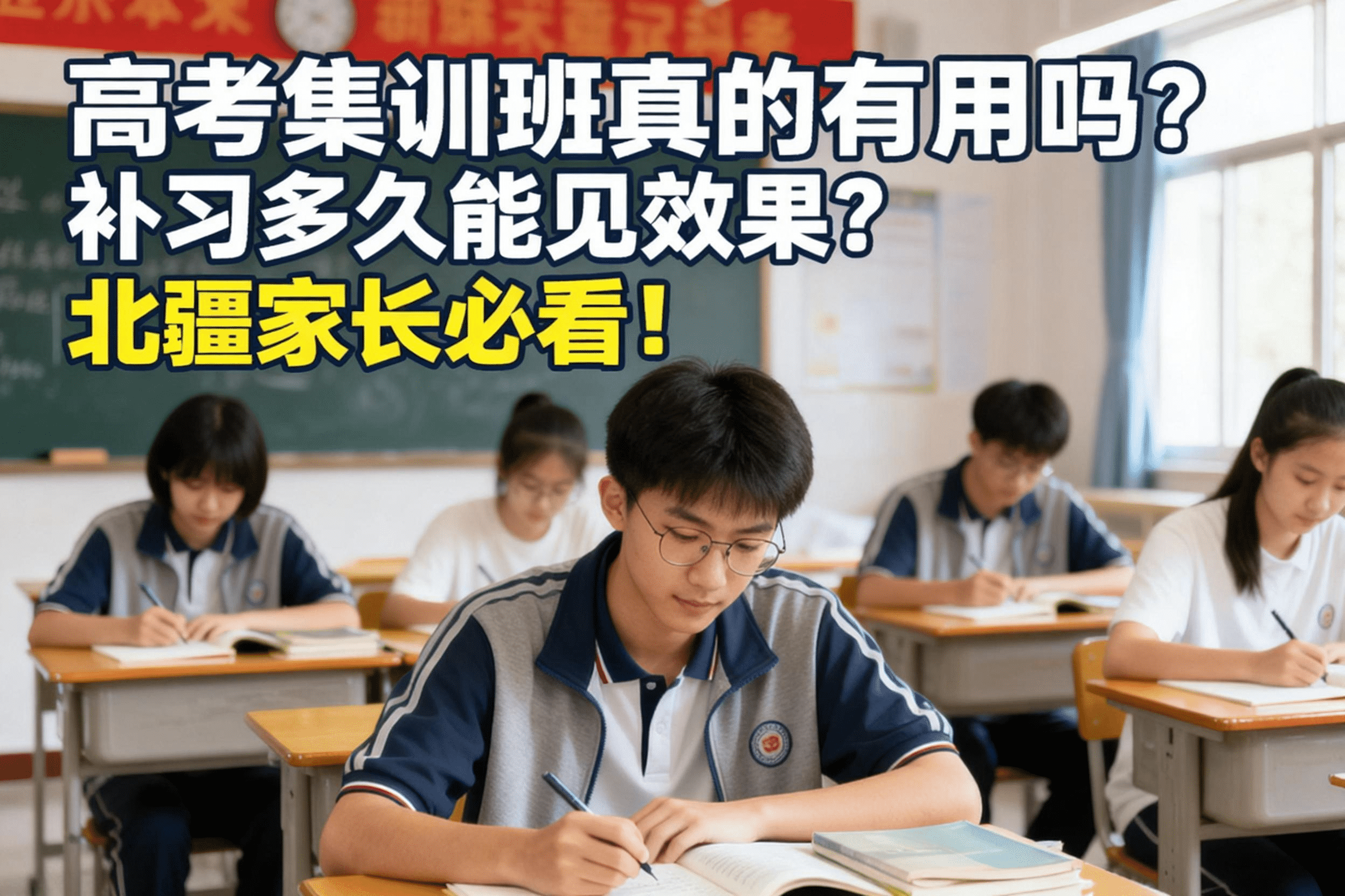 jimeng-2026-05-18-3913-新媒体教育类文章封面，主标题为「高考集训班真的有用吗？补习多久能见效果？北疆家长..._new.png