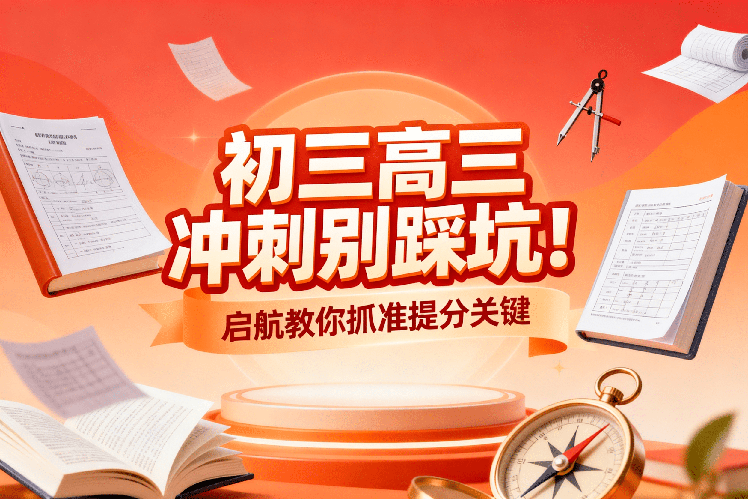 jimeng-2026-04-28-8148-初三高三冲刺文章封面，画面中心是醒目的标题“初三高三冲刺别踩坑！启航教你抓准提分..._new.png